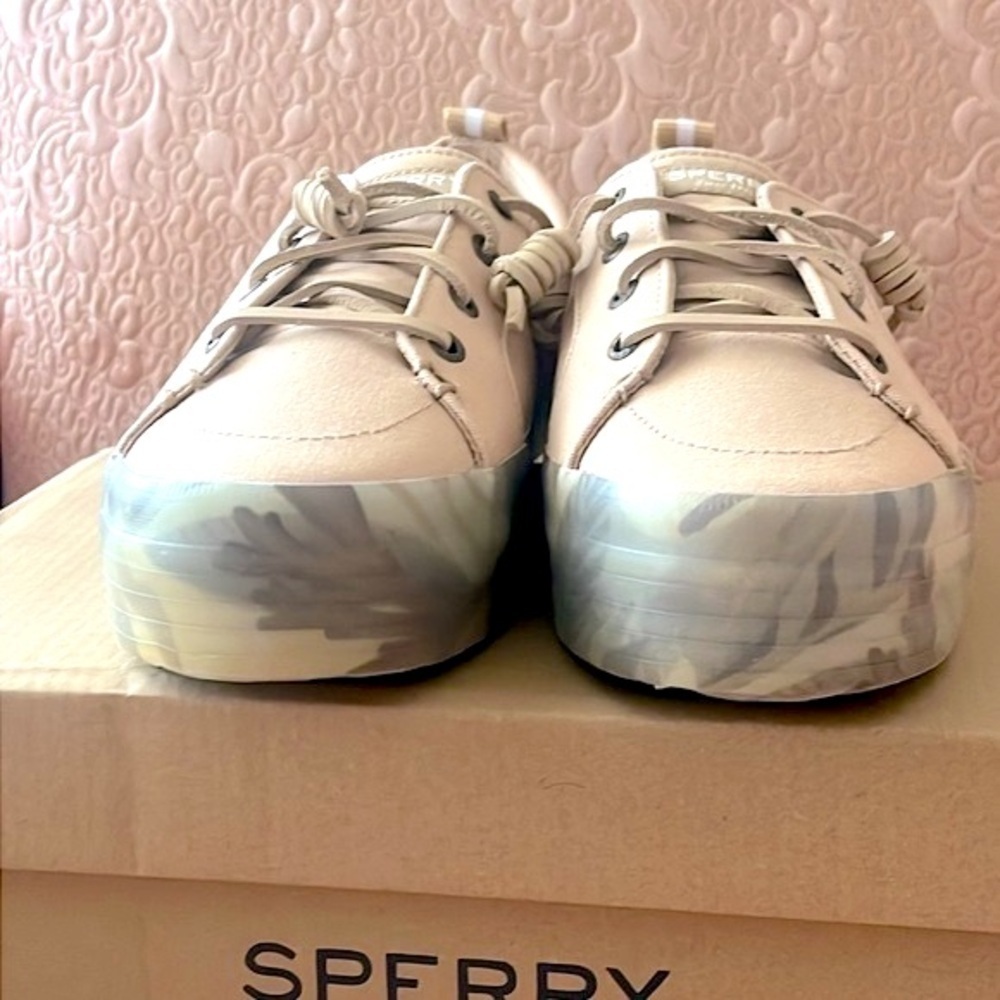 Brand New Sperry Crest Vibe Platform Sneakers Beige Green Leaf Tropical Neutral - Picture 5 of 16